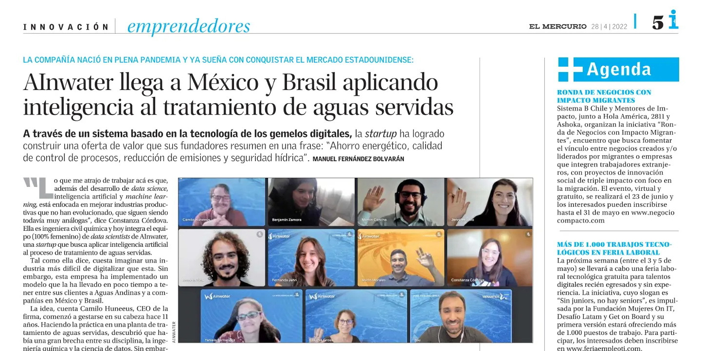 Noticia: AInwater llega a México y Brasil aplicando inteligencia al tratamiento de aguas servidas